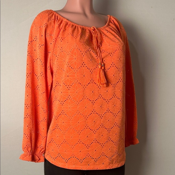Rafaella Womens Embroidered Floral Eyelet Tunic Blouse Orange Lined Sz M - Picture 2 of 14